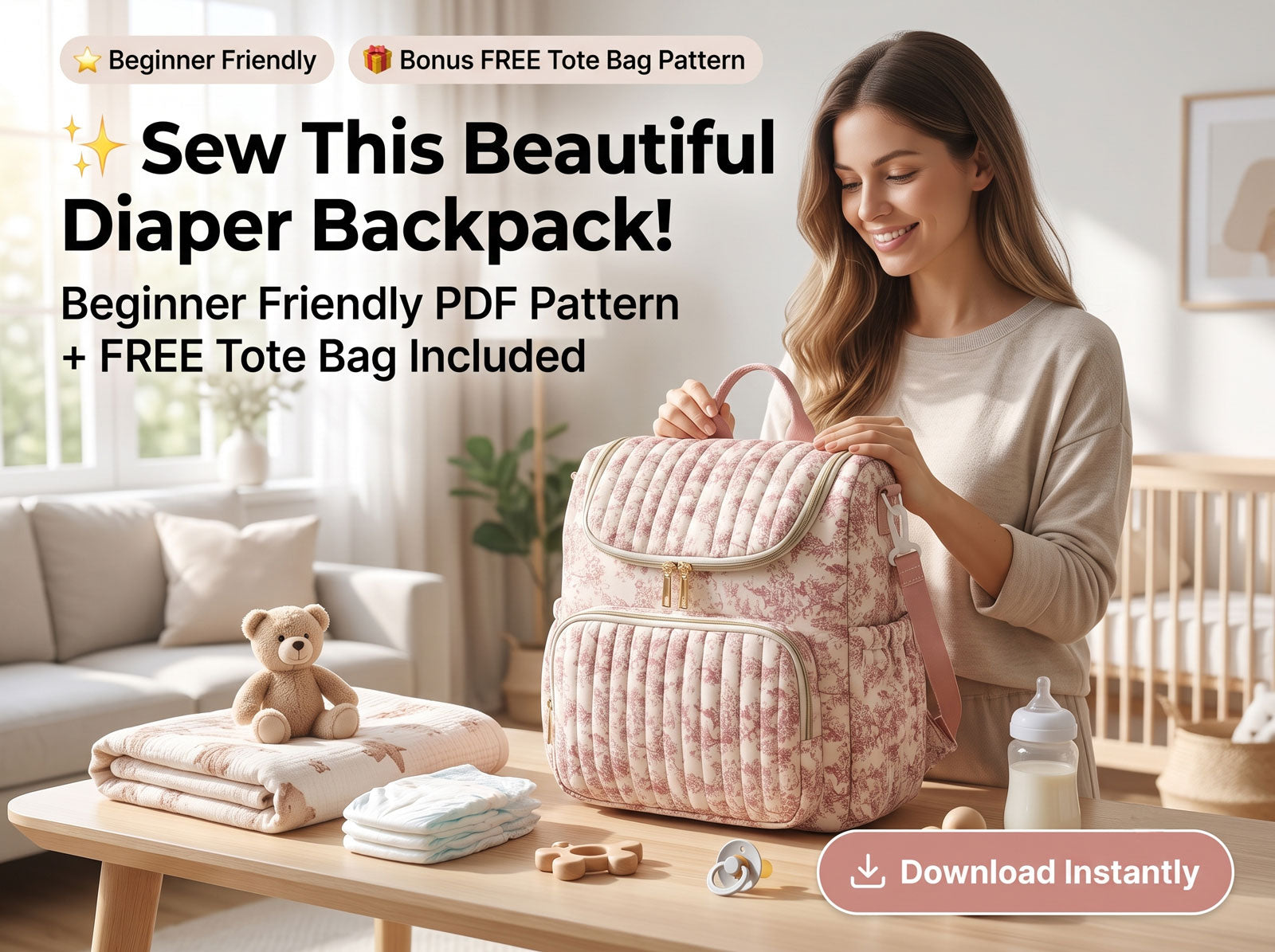 Diaper Backpack Sewing Pattern PDF Download - Bonus Tote Bag Pattern