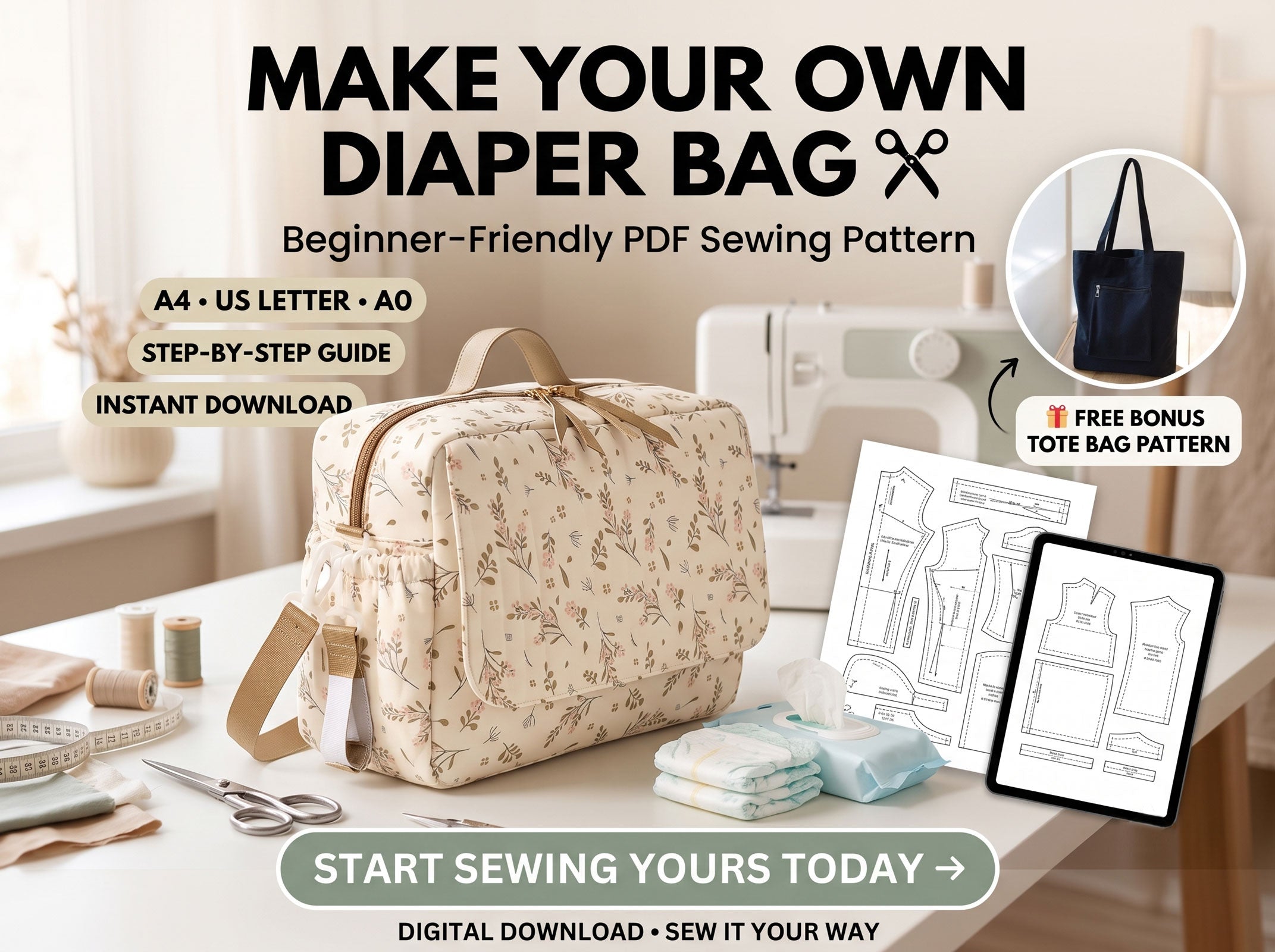 Diaper Bag Sewing Pattern PDF Download - Bonus Tote Bag Pattern