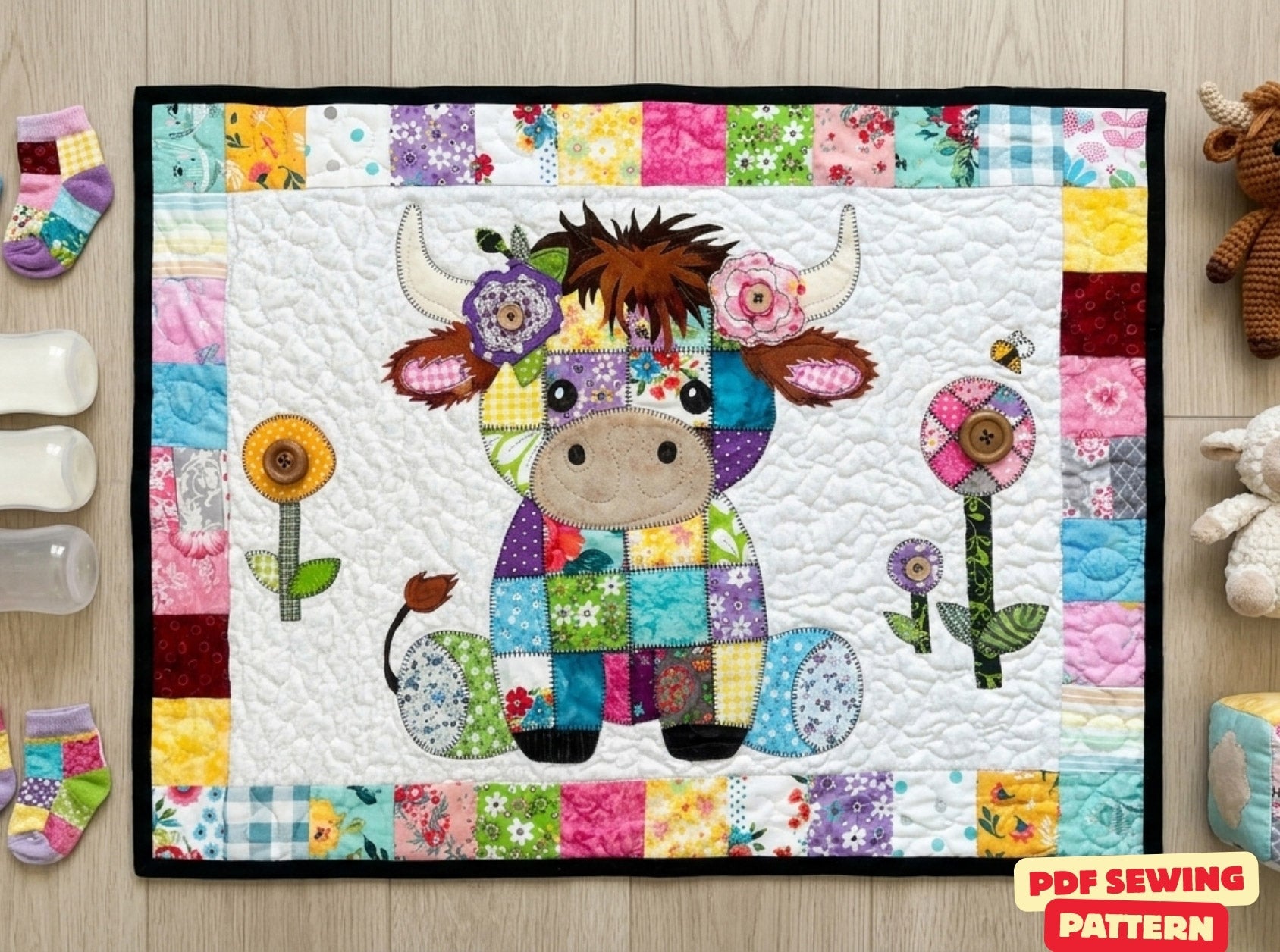 Patchwork Highland Cow Quilt Pattern: Applique Baby Blanket (PDF Download)
