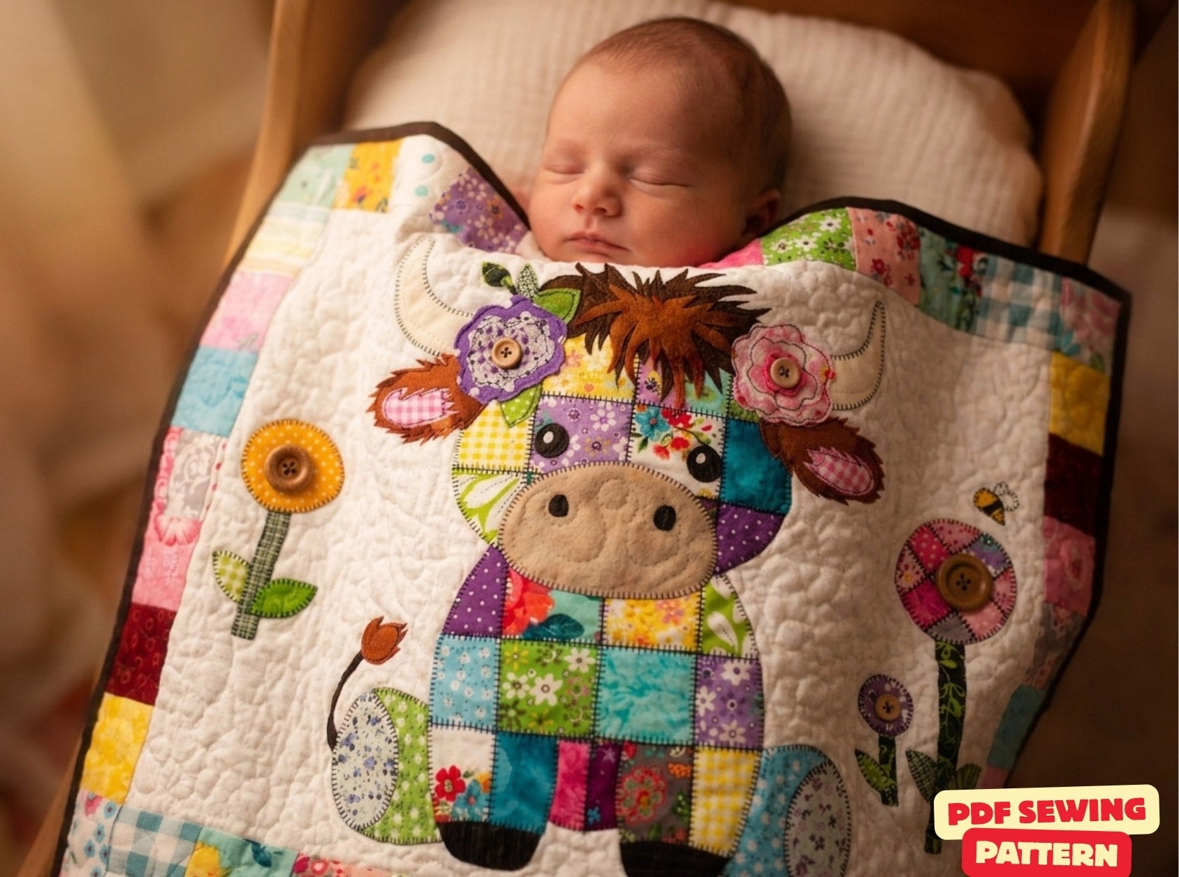 Patchwork Highland Cow Quilt Pattern: Applique Baby Blanket (PDF Download)