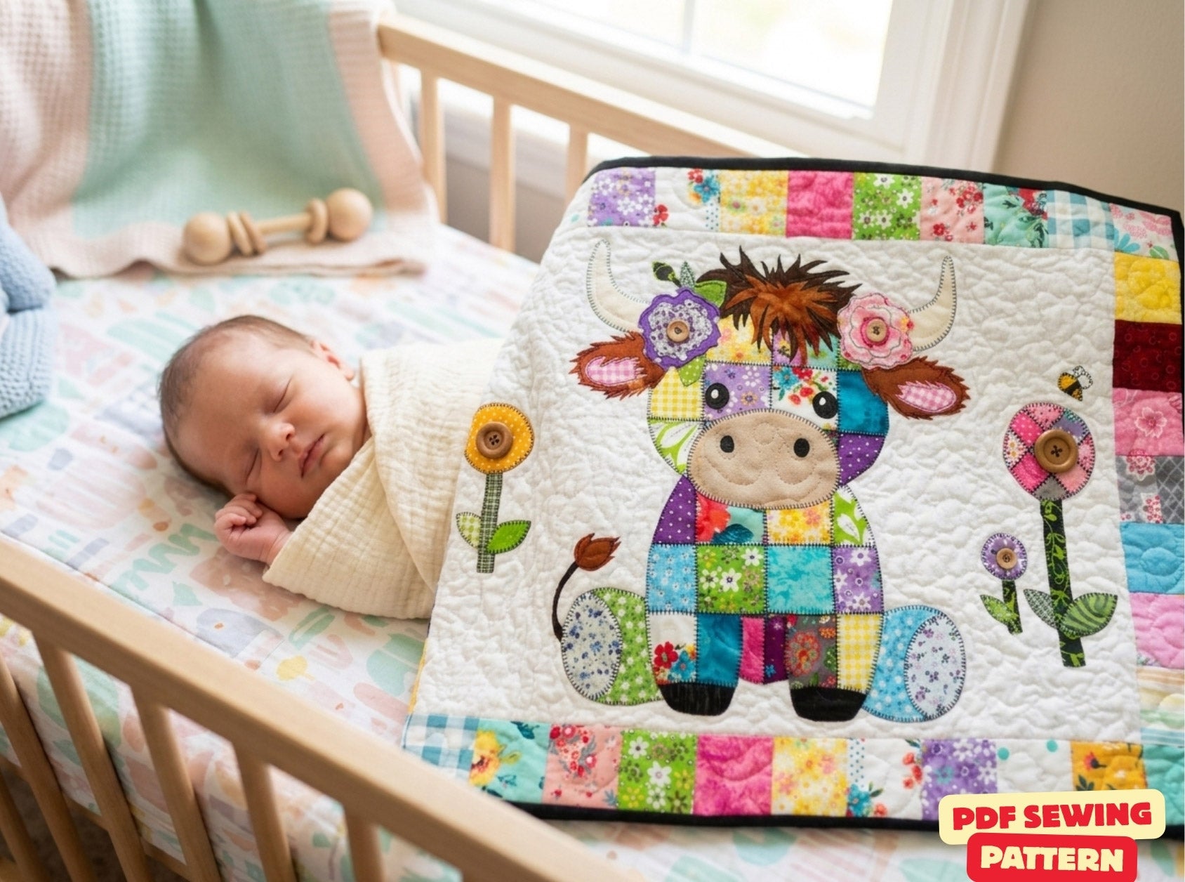 Patchwork Highland Cow Quilt Pattern: Applique Baby Blanket (PDF Download)