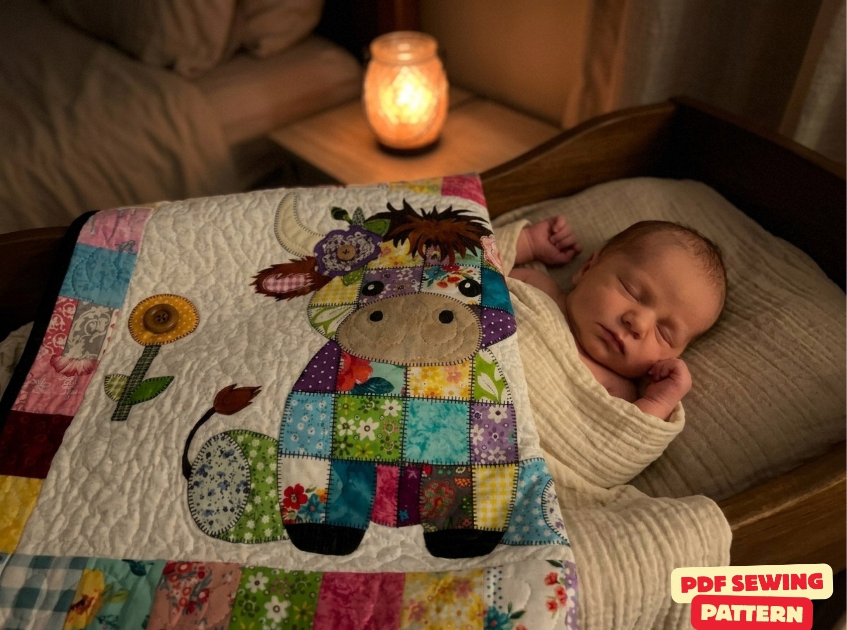 Patchwork Highland Cow Quilt Pattern: Applique Baby Blanket (PDF Download)