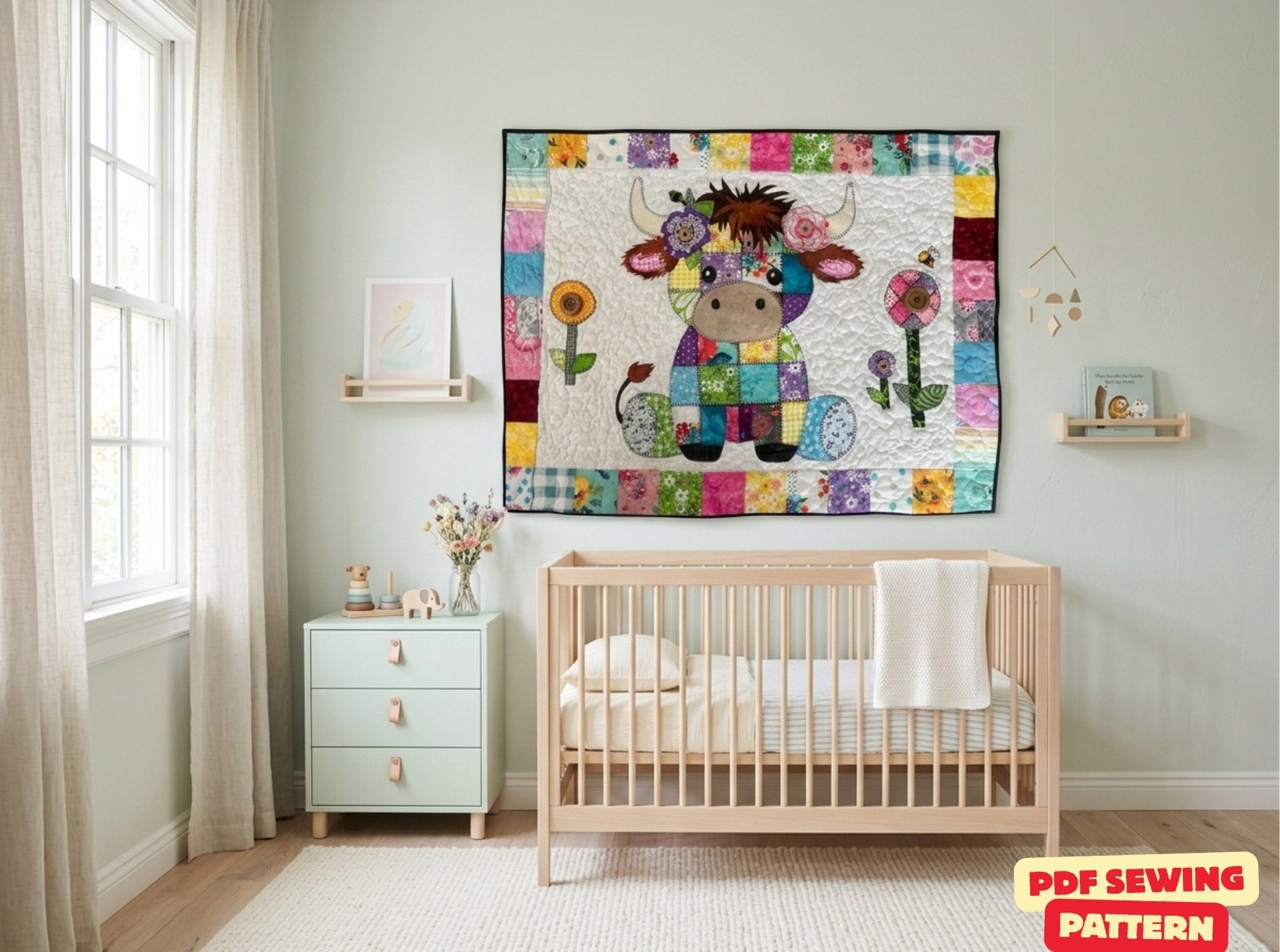 Patchwork Highland Cow Quilt Pattern: Applique Baby Blanket (PDF Download)