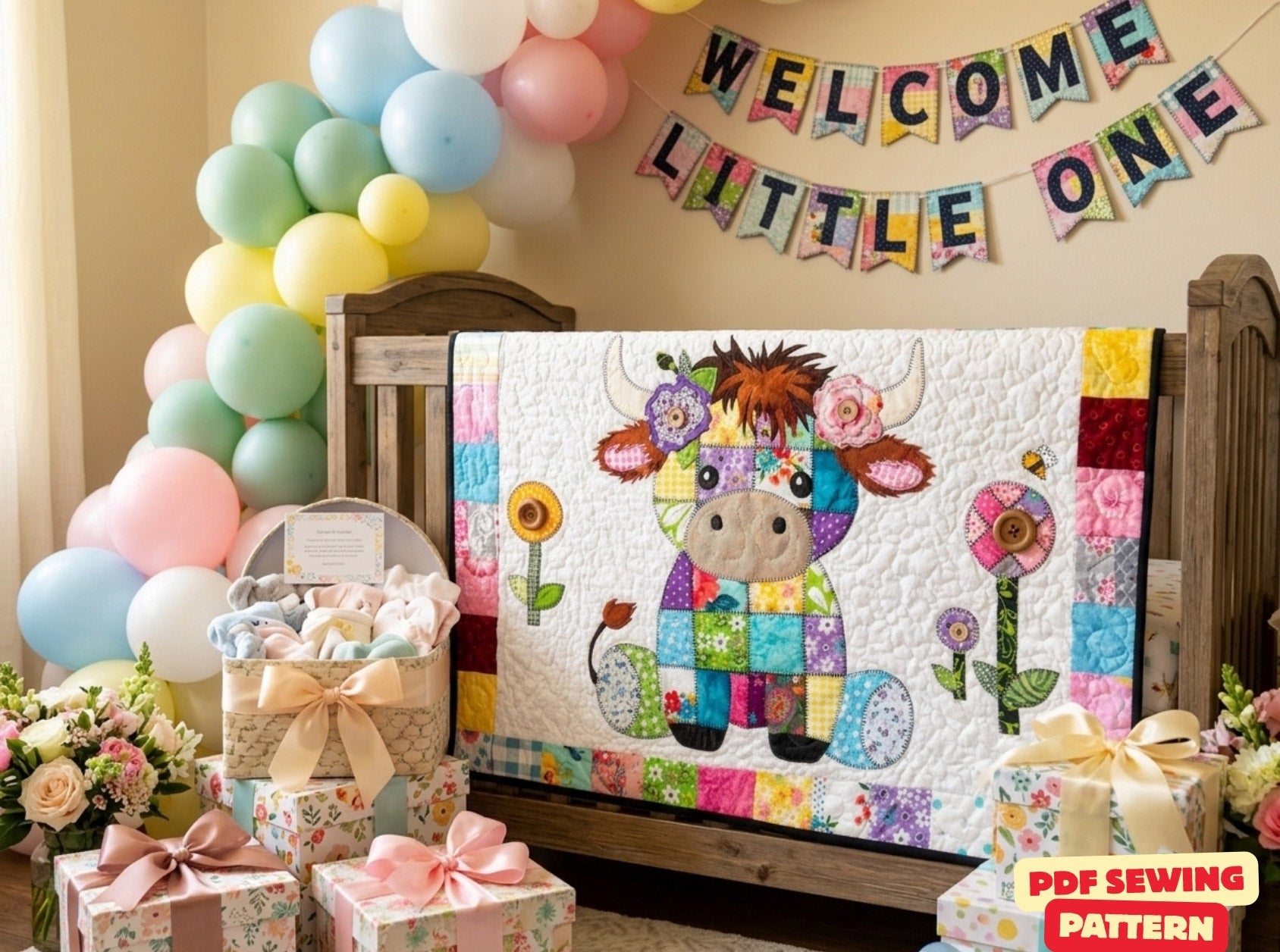 Patchwork Highland Cow Quilt Pattern: Applique Baby Blanket (PDF Download)